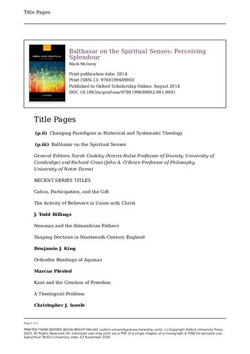 Balthasar On The Spiritual Senses Perceiving Splendour 1st Edition Mark Mcinroy
