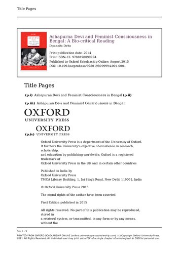 Ashapurna Devi And Feminist Consciousness In Bengal A Biocritical Reading Dipannita Datta