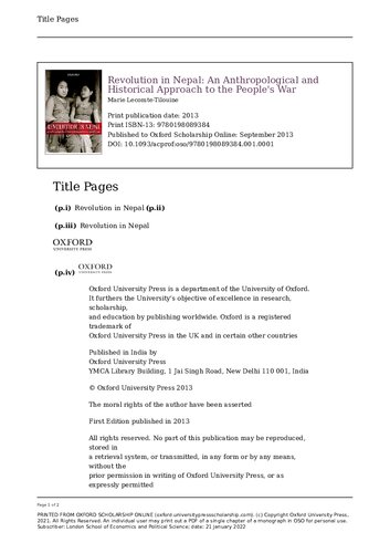 Revolution In Nepal An Anthropological And Historical Approach To The Peoples War Marie Lecomtetilouine