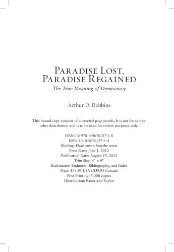 Paradise Lost Paradise Reng Of Democracy Robbins Arthur D Frost Lynne Fusari Erika