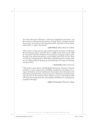 The Mystery Of God Theology For Knowing The Unknowable Hall Christopher A Boyer Steven D