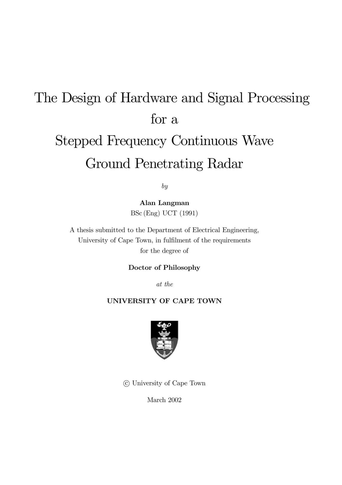 Design Of Hardware Signal Procg For Ground Penetrating Radar Thesis A Langman
