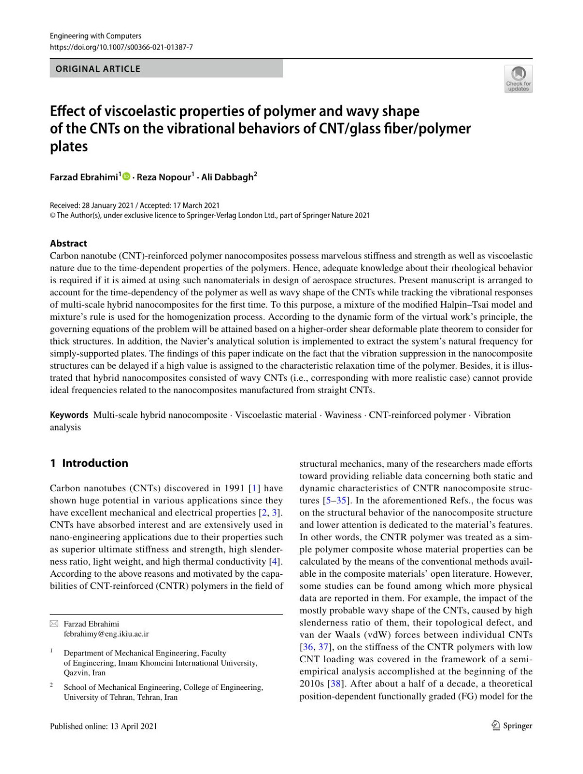 Effect Of Viscoelastic Properties Of Polymer And Wavy Shape Of The Cnts On The Vibrational Behaviors Of Cntglass Fiberpolymer Plates Farzad Ebrahimi Reza Nopour Ali Dabbagh