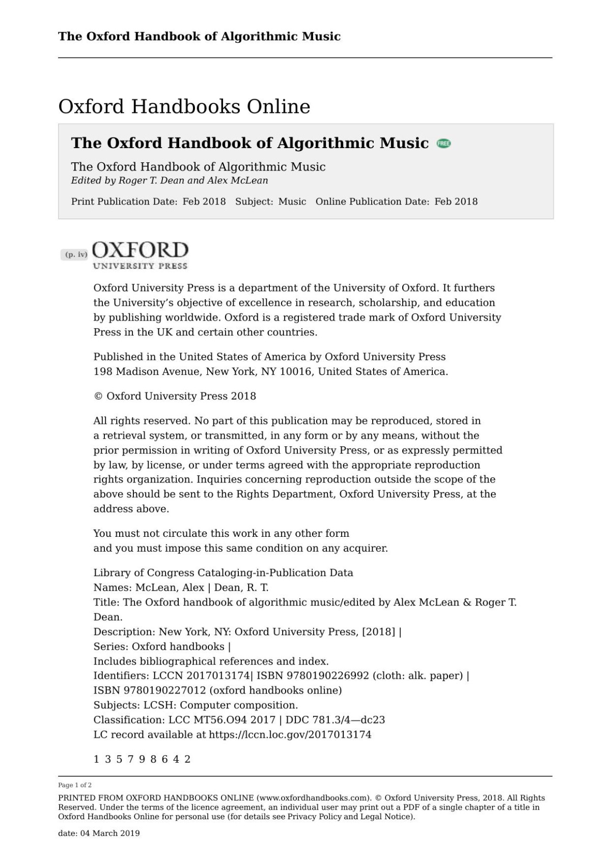 The Oxford Handbook Of Algorithmic Music R T Dean
