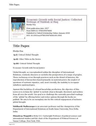 Economic Growth With Social Justice Collected Writings Of Mahbub Ul Haq Khadija Haq