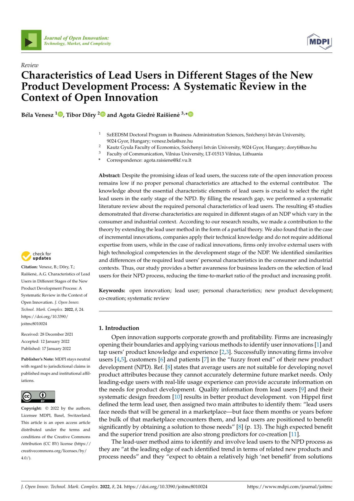 Characteristics Of Lead Users In Different Stages Of The New Product Development Process A Systematic Review In The Context Of Open Innovation 24th Edition Bla Venesz