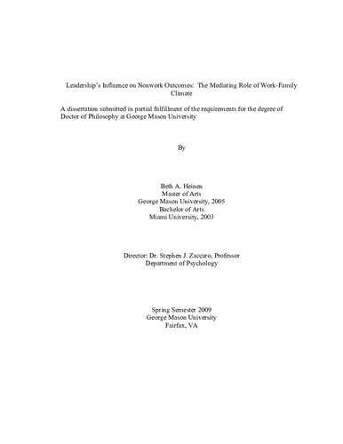 Leaderships Influence On Nonwork Outcomes The Mediating Role Of Workfamily Climate Beth A Heinen