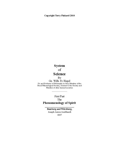 The Phenomenology Of Spirit Translated And Edited By Terry Pinkard Draft Georg Wilhelm Friedrich Hegel