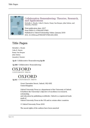 Collaborative Remembering Theories Research And Applications Michelle L Meade Celia B Harris Penny Van Bergen John Sutton Amanda J Barnier