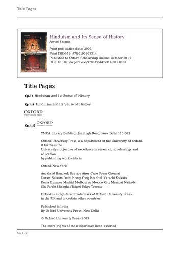 Hinduism And Its Sense Of History Arvind Sharma