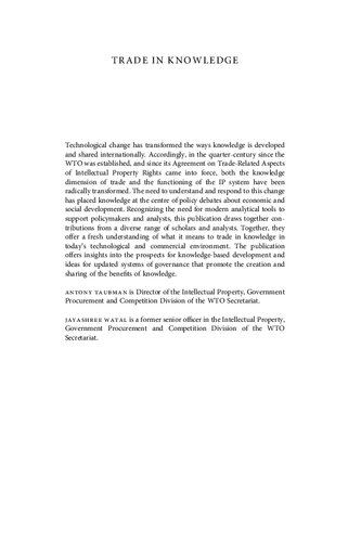 Trade In Knowledge Antony Taubman Jayashree Watal