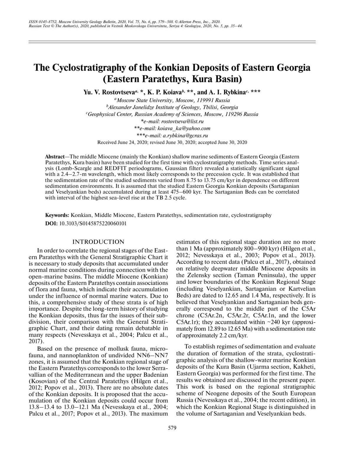 The Yclostratigraphy Of The Konkian Deposits Of Eastern Georgia Eastern Paratethys Kura Basin 6th Edition Yu V Rostovtseva