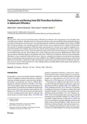 Psychopathy And Resting State Eeg Thetabeta Oscillations In Adolescent Offenders Abby P Clark