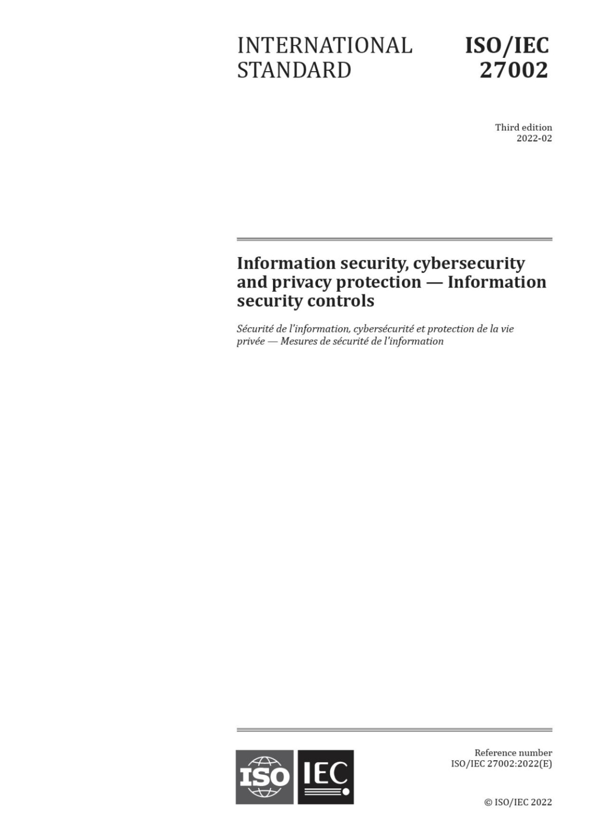 Isoiec 270022022 Information Security Cybersecurity And Privacy Protection Information Security Controls 3rd Edition Iso