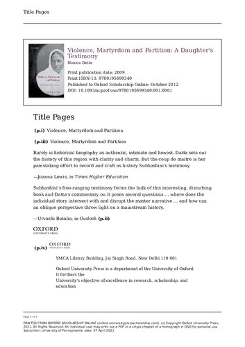 Violence Martyrdom And Partition A Daughters Testimony Nonica Datta