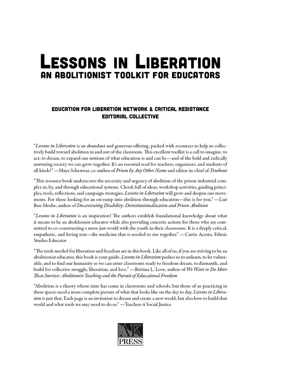 Lessons In Liberation An Abolitionist Toolkit For Educators Education For Liberation Network Critical Resistance Editorial Collective