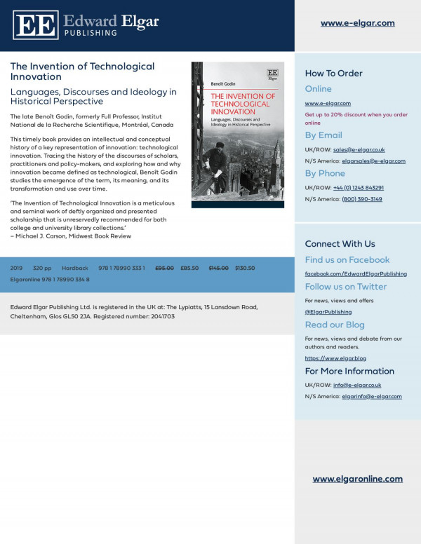 The Invention Of Technological Innovationlanguages Discourses And Ideology In Historical Perspective Benot Godin