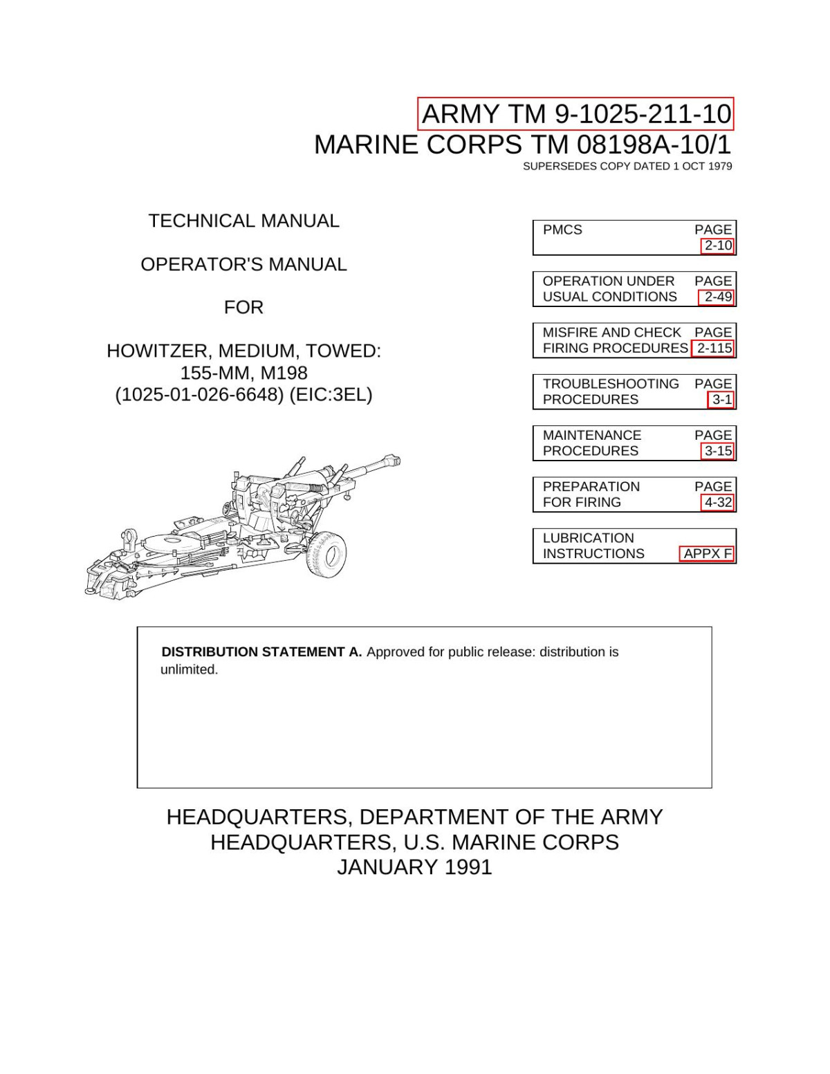 Technical Manual Operators Manual For Howitzer Medium Towed 155mm M198 Marine Corps