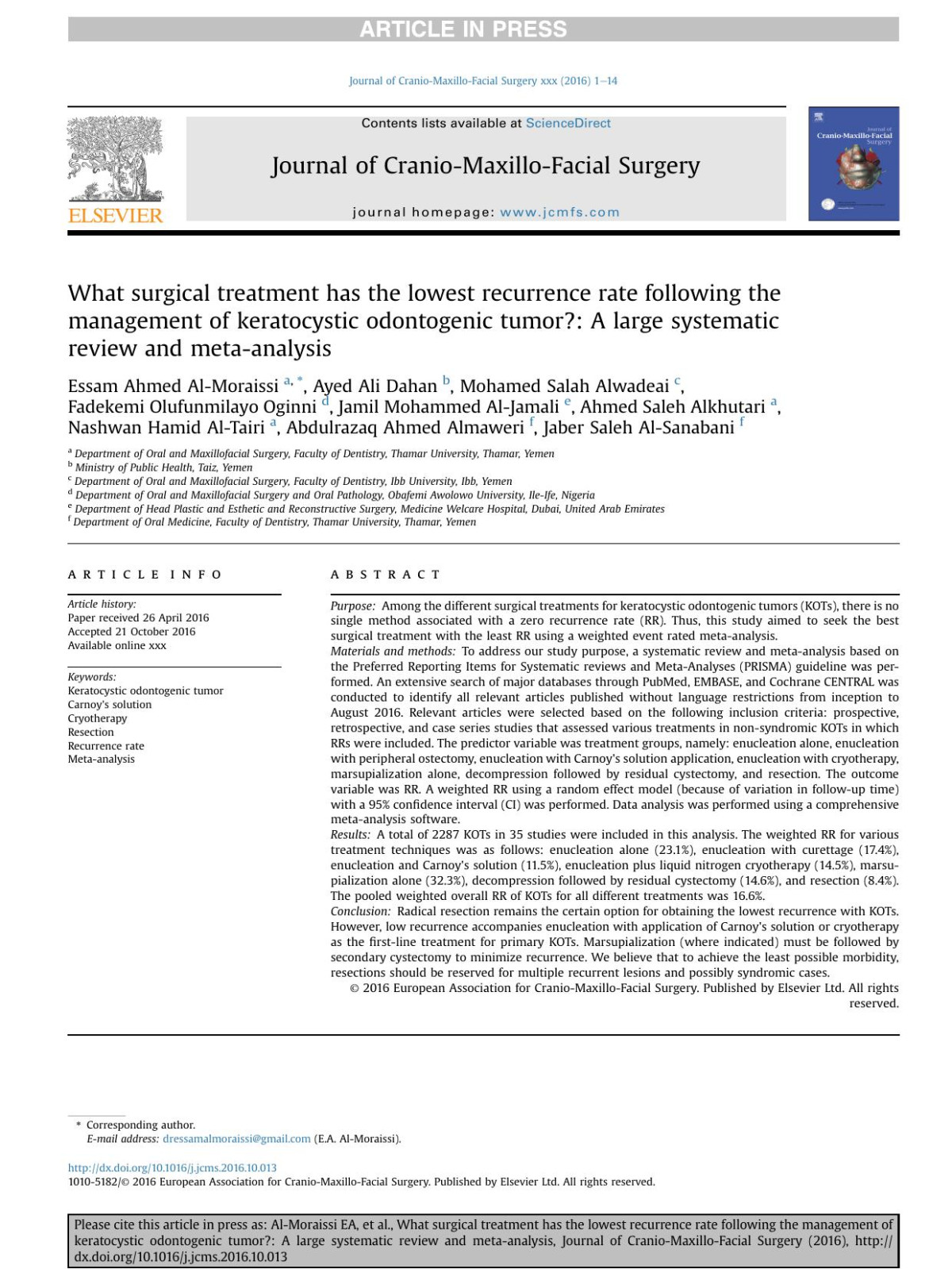 What Surgical Treatment Has The Lowest Recurrence Rate Following The Management Of Keratocystic Odontogenic Tumor A Large Systematic Review And Metaanalysis Essam Ahmed Almoraissi
