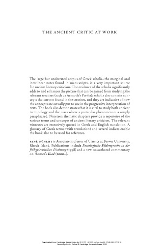 The Ancient Critic At Work Terms And Concepts Of Literary Criticism In Greek Scholia Ren Nunlist