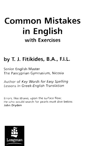 Common Mistakes In English With Exercises 6th Ed T Fitikides