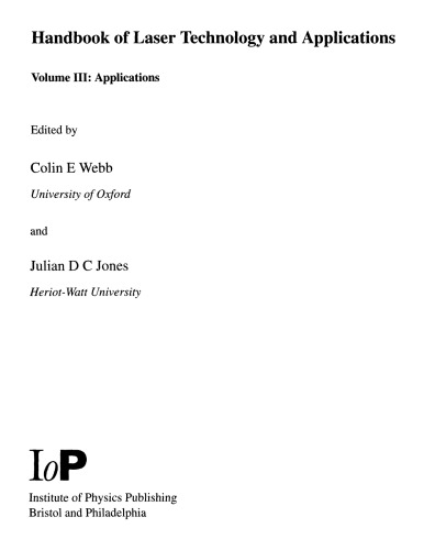 Handbook Of Laser Tech And Applns Vol 3 Applns C Webb J Jones