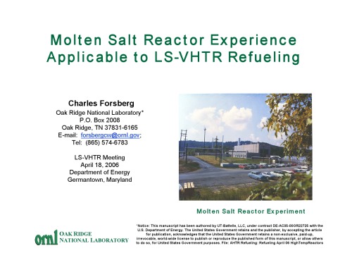 Moltensalt Reactor Experience Applicable To Lsvhtr Refueling Pres Slides