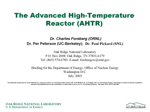 The Advanced Hightemperature Reactor Ahtr Pres Slides