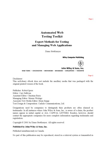 Automated Web Testing Toolkit Expert Methods For Testing And Managing Web Applications Diane Stottlemyer