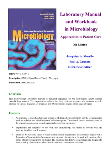 Laboratory Manual And Workbook In Microbiology Applications To Patient Care 7th Ed Josephine A Morello Helen Eckel Mizer Marion E Wilson