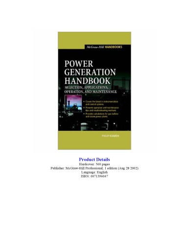 Power Generation Handbook Selection Applications Operation And Maintenance Philip Kiameh