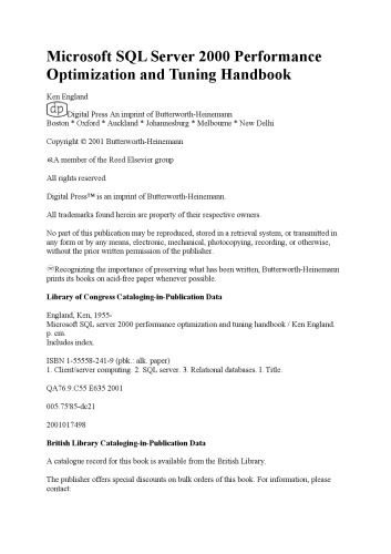 Microsoft Sql Server 2000 Performance Optimization And Tuning Handbook Ken England