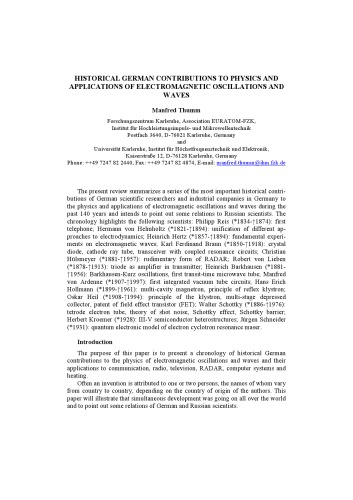 Historical German Contributions To Physics And Applications Of Electromagnetic Oscillations And Waves Thumm