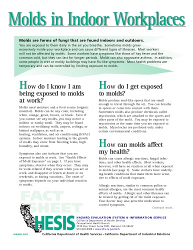 Molds In Indoor Workplaces California Hazard Evaluation System And Information Service