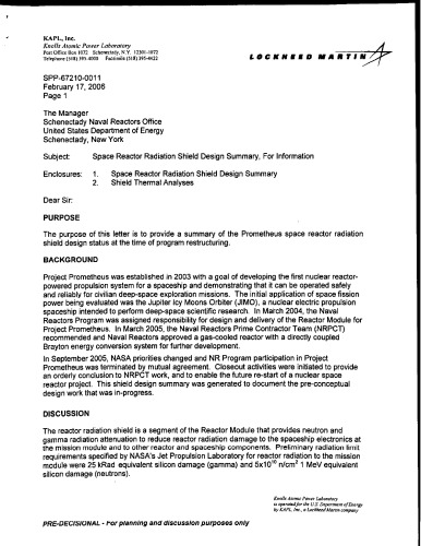 Space Reactor Radiation Shield Design Summary For Information Ec Pheil Knolls Atomic Power Laboratory United States Dept Of Energy United States Dept Of Energy Office Of Scientific And Technical Information