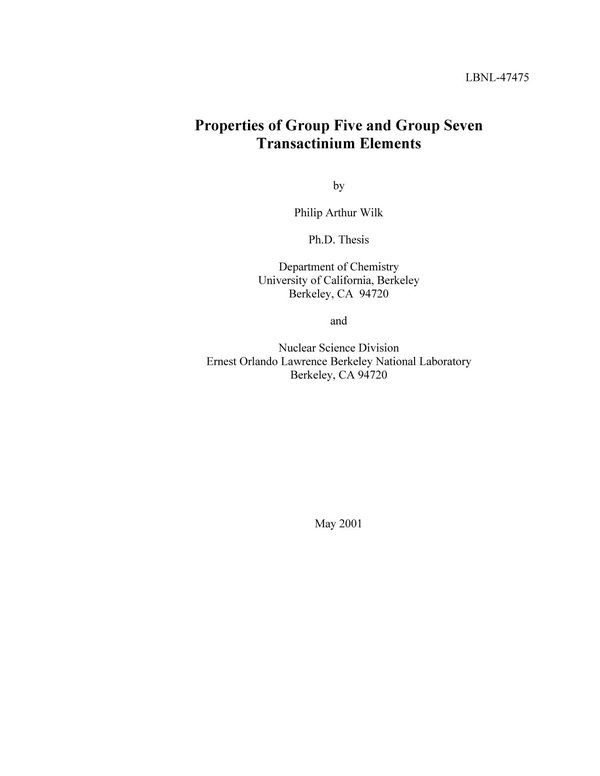 Properties Of Group Five And Group Seven Transactinium Elements Philip A Wilk