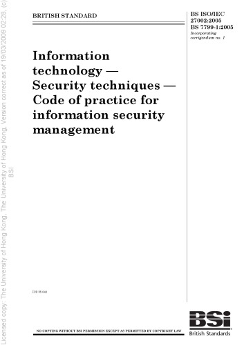 Bs Isoiec 270022005 Bs 779912005bs Isoiec 177992005 Information Technology Security Techniques Code Of Practice For Information Security Management Bsi