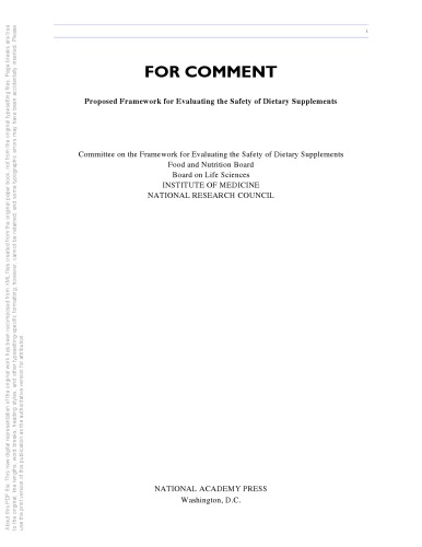 Proposed Framework For Evaluating The Safety Of Dietary Supplements For Comment National Research Council