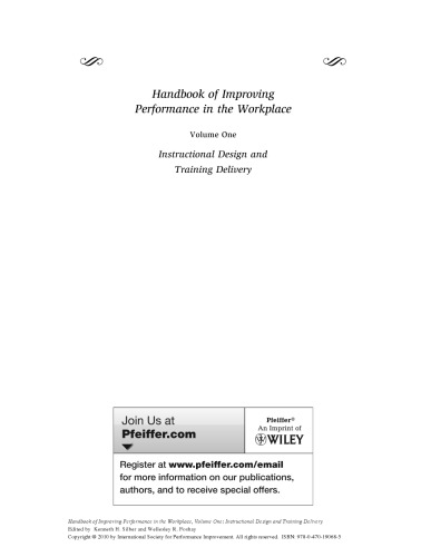 Handbook Of Improving Performance In The Workplace Volume One Instructional Design And Training Delivery Kenneth H Silber