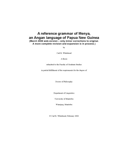 A Reference Grammar Of Menya An Angan Language Of Papua New Guinea By Carl Robert Whitehead