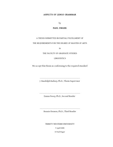 Aspects Of Lengo Grammar Paul Unger
