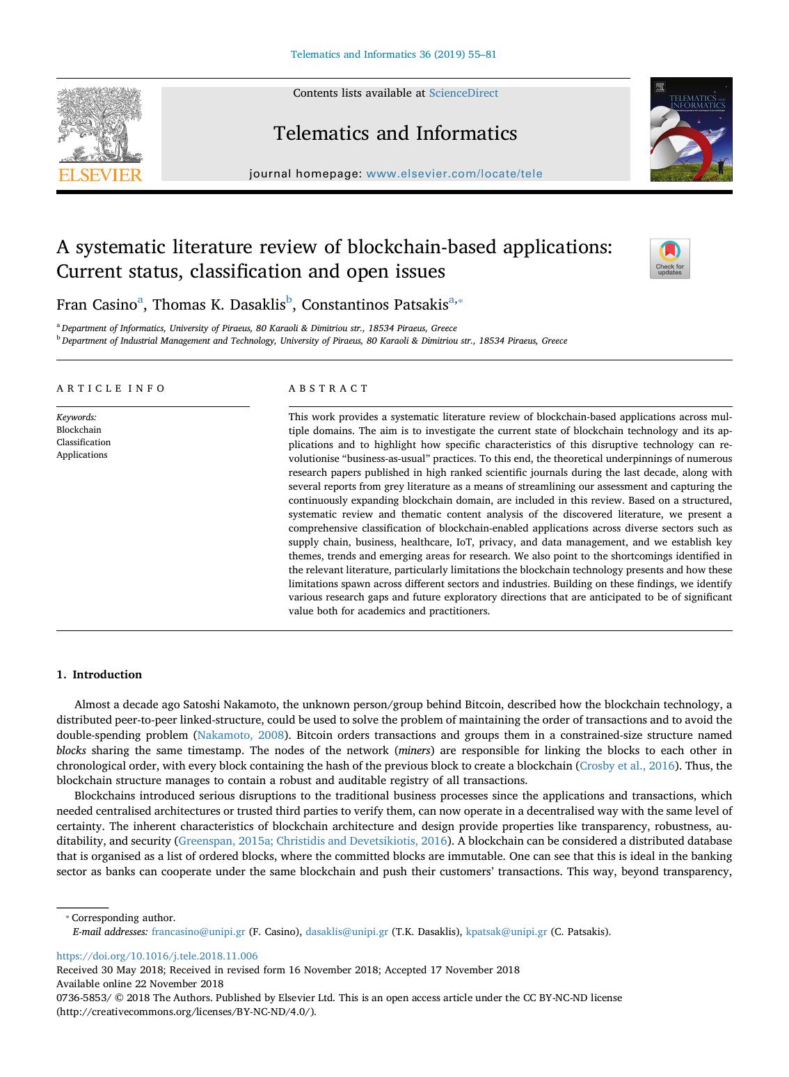 A Systematic Literature Review Of Blockchainbased Applications Current Status Classification And Open Issues Fran Casino Thomas K Dasaklis Constantinos Patsakis