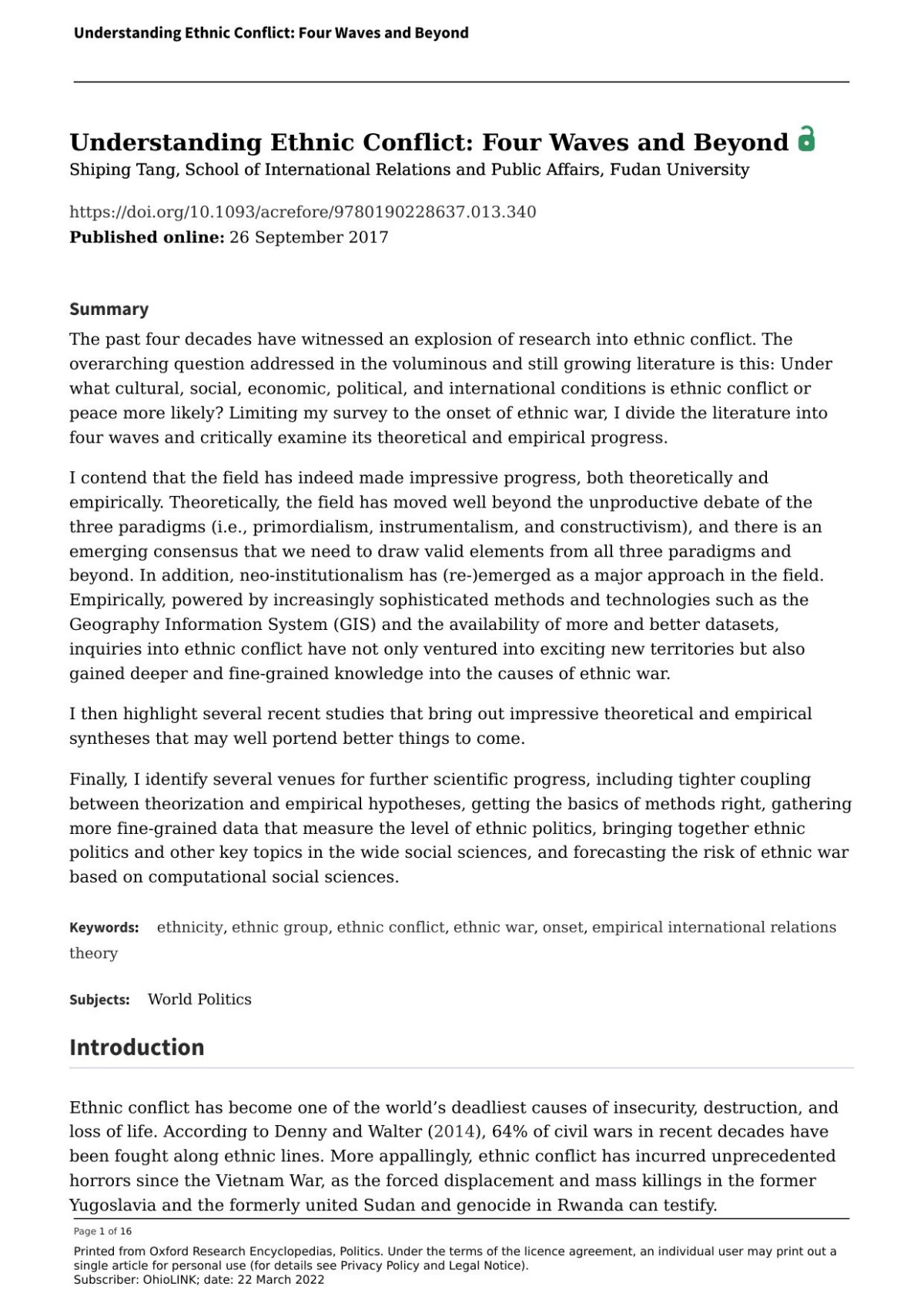 Understanding Ethnic Conflict Four Waves And Beyond Oxford Research Encyclopedia Of Politics Shiping Tang