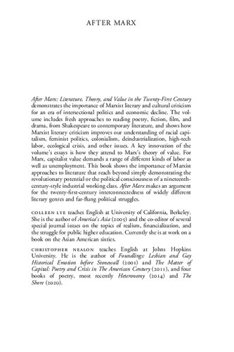 After Marx Literature Theory And Value In The Twentyfirst Century Christopher Shaun Nealon Editor Colleen Lye Editor