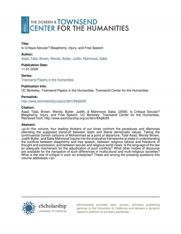 Is Critique Secular Talal Asad Wendy Brown Judith Butler Saba Mahmood