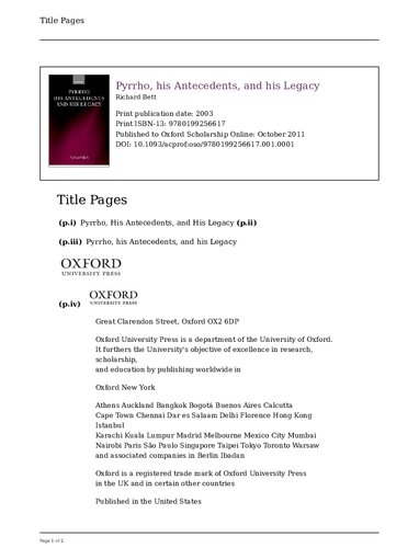 Pyrrho His Antecedents And His Legacy Richard Bett