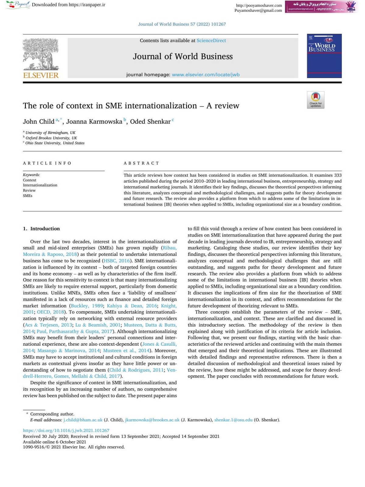 The Role Of Context In Sme Internationalization A Review John Child