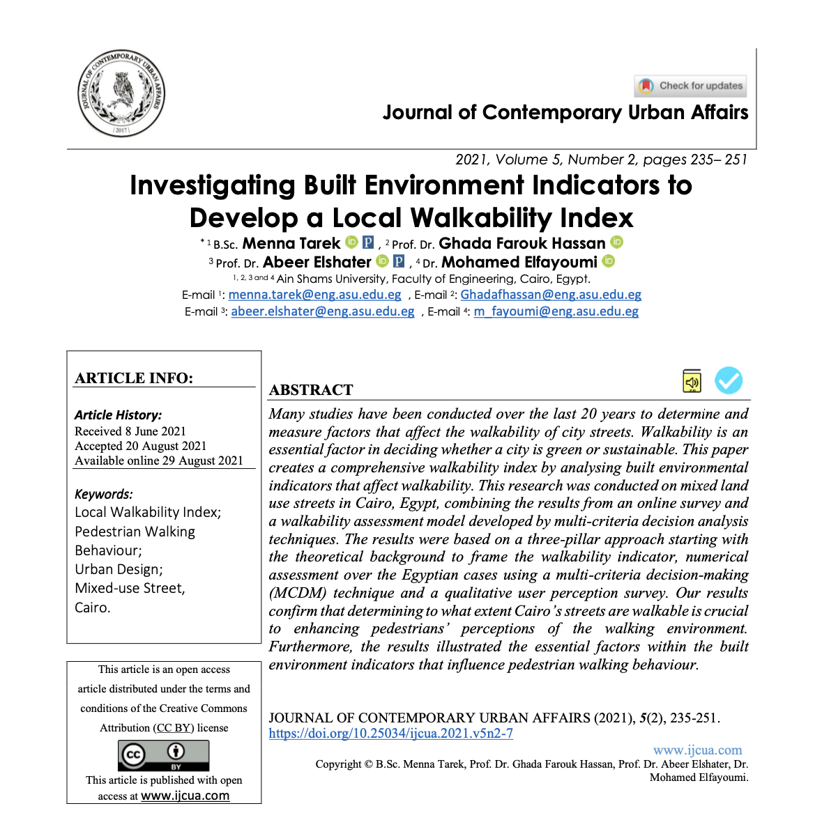 Investigating Built Environment Indicators To Develop A Local Walkability Index 2nd Edition Bsc Menna Tarek