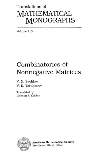 Combinatorics Of Nonnegative Matrices V N Sachkov V E Tarakanov