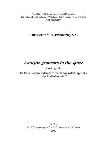 Analytic Geometry In The Space Podoksenov Mn Prokhozhiy S A
